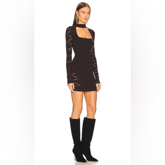 New! Michael Costello x REVOLVE Brylie Mock Neck Mini Dress Chocolate Brown 🤎NWT - Picture 3 of 11